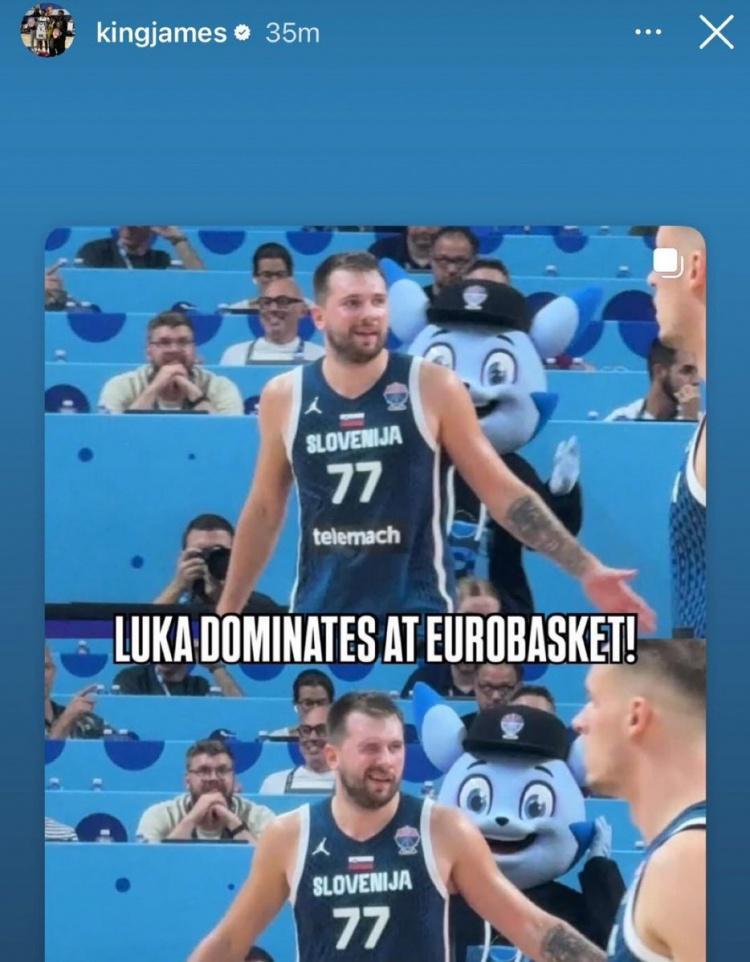 詹姆斯转发东契奇欧锦赛高光集锦 封面图配文：卢卡称霸欧锦赛！